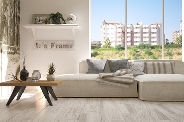 Idea of white room with sofa and summer landscape in window. Scandinavian interior design. 3D illustration