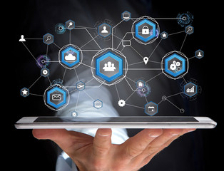 International business network connection displayed on a futuristic interface with technology icon and sphere globe - Worldwide business concept