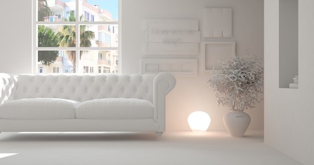 White room with sofa. Scandinavian interior design. 3D illustration