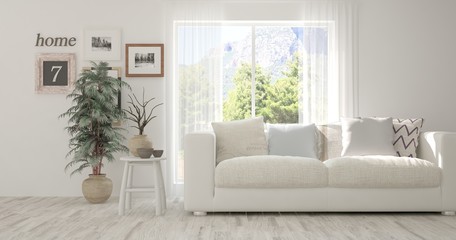 Idea of white room with sofa and summer landscape in window. Scandinavian interior design. 3D illustration
