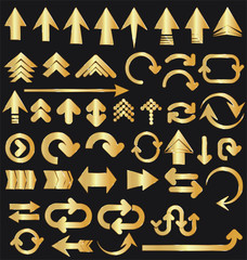 Vector set of golden arrow shapes isolated on black