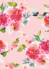 Seamless summer pattern with watercolor flowers handmade.