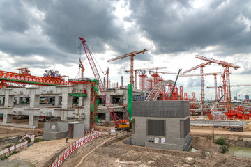 Cranes on Construction Site, Expressway in Asia