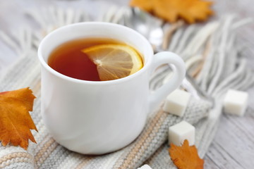 Cup of hot tea with lemon and woolen scarf