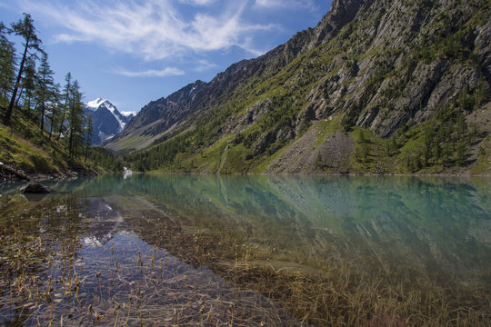 View of the mountains with reflection in the blue lake. © ry2929593