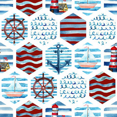 Watercolor adventure seamless pattern in patchwork marine style