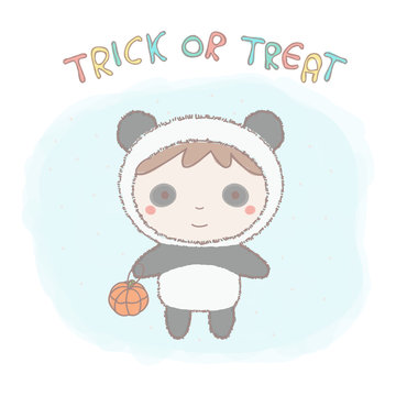 Colorful vector illustration of cute little girl in panda costume for Halloween, hand drawn style