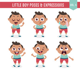 Character design set of a cute little black boy in different poses. Cartoon style illustration, isolated on white background. Body gestures and facial expressions. Vector illustration. Set 4 of 8.