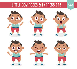 Character design set of a cute little black boy in different poses. Cartoon style illustration, isolated on white background. Body gestures and facial expressions. Vector illustration. Set 5 of 8.