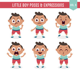 Character design set of a cute little black boy in different poses. Cartoon style illustration, isolated on white background. Body gestures and facial expressions. Vector illustration. Set 6 of 8.