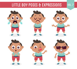 Character design set of a cute little black boy in different poses. Cartoon style illustration, isolated on white background. Body gestures and facial expressions. Vector illustration. Set 7 of 8.