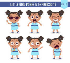 Character design set of a cute little black girl in different poses. Cartoon style illustration, isolated on white background. Body gestures and facial expressions. Vector illustration. Set 2 of 8.
