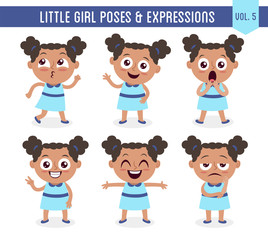 Character design set of a cute little black girl in different poses. Cartoon style illustration, isolated on white background. Body gestures and facial expressions. Vector illustration. Set 5 of 8.