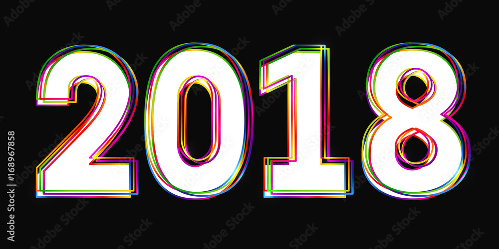 Poster 2018 Happy New Year. White numbers with multicolored outlines on black background. Vector EPS10