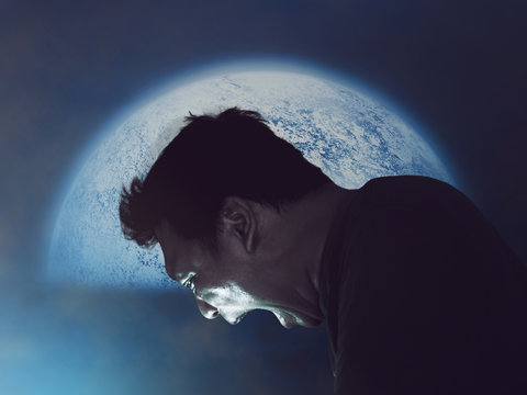 Side portrait of a shouting man, guy, Rage Scream, emotional with moon half background