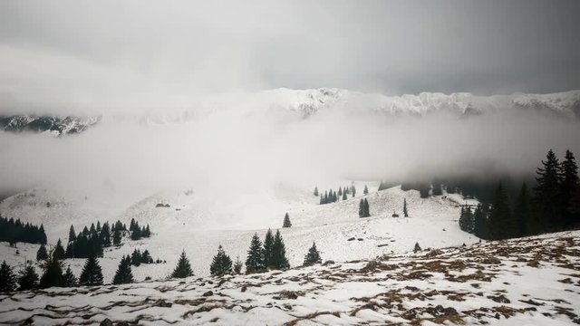Piatra Craiului panorama in winter. 	Grey clouds rolling over Piatra Craiului Mountains in background and isolated trees in foreground. 4k timelapse. 