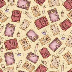 Watercolor and ink hand painted witchcraft seamless pattern on the starry beige background. Includes candles, books of spells and alchemy and torn pages.