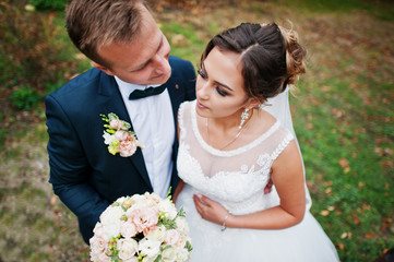 Good-looking newly married couple walking and enjoying each other's company in the park on a bright...