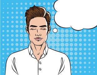 A man in a white shirt with closed eyes. A man dreaming. Portrait of a young man over halftone background with a speech bubble