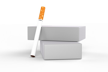 3D render composition of two king size cigarette boxes or packs with cigarette on a white background with shadow. Template for your design.