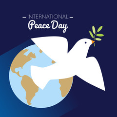 International peace day dove flying with olive branch and Earth in the background