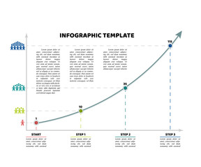 Timeline infographic template with 3 dot steps and starting point. Growth curve chart  with sample text and people population icons. Grey colors and multicolored points. Vector illustration.