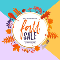 Autumn fall sale maple leaf poster autumnal shopping promo discount banner online store