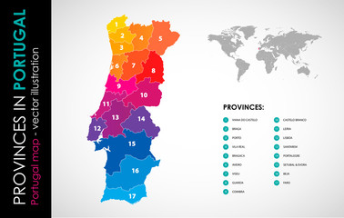 Vector map of Portugal and provinces COLOR - obrazy, fototapety, plakaty