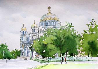 Kronstadt watercolor Nikolsky Naval Cathedral