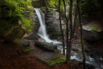 Waterfall Forest Scene with Moss Rocks