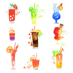 Cocktails set, summer drinks watercolor vector Illustrations