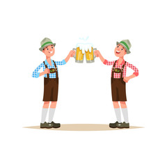 Vector illustration couple fun guy in traditional costume lederhosen hold beer mug and celebrate oktoberfest. Man on beer festival isolated cartoon style
