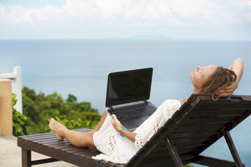 Work At Beach. Successful Business Woman Working Online In Internet Using Laptop Computer Outdoors.