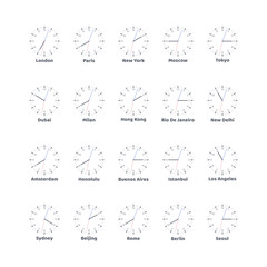 Clocks with different world time zones and cities. Vector illustration.