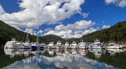 Fototapeta premium Luxury cruisers rest in their berths in Bobbin Head Marina on the Hawkesbury River. The marina is situated in the Kuring-gai Chase national park.