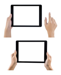 Hands holding tablet set on white background