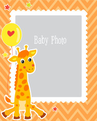 Photo Frame Design For Kid With Cute Giraffe. Decorative Template For Baby Vector Illustration. Birthday Children Photo Framework With Place For Photo.