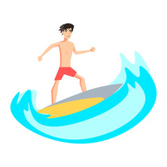 Surfer character in with surfboard standing and riding on ocean wave.