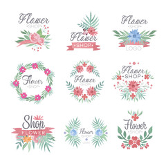 Flower shop logo design set of colorful watercolor vector Illustrations