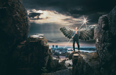 Angel Standing on Rocks Above City
