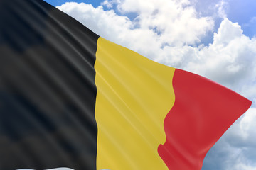 3D rendering of Belgium flag waving on blue sky background