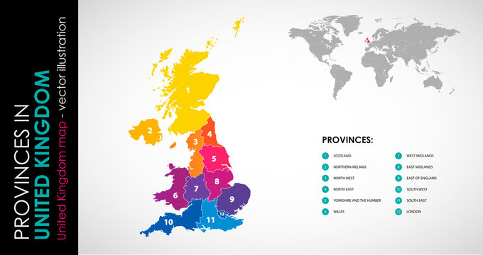 Vector map of United Kingdom and provinces COLOR