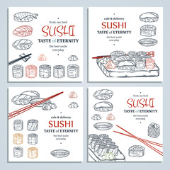 Obraz premium Doodle sushi and rolls on wood. Japanese traditional cuisine dishes illustration.