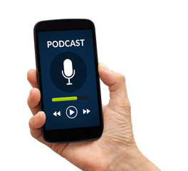 Hand holding a black smart phone with podcast concept on screen. Isolated on white background. All screen content is designed by me.