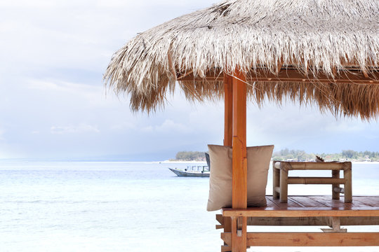 Wooden terrace on the beach. Gili.