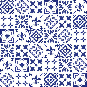 Geometric vector tile design, Portuguese or Spnish seamless navy blue tiles, Azulejos pattern