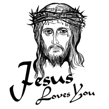 Jesus Loves You. Design element for housewarming poster, t-shirt design. Son of God Jesus Christ, with a crown of thorns on his head. Vector illustration