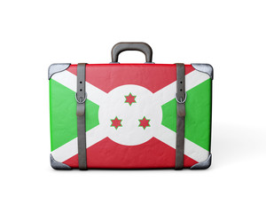 Burundi flag on a vintage leather suitcase. 3D Rendering