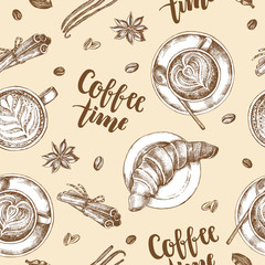 Decorative seamless pattern with ink hand-drawn Cups of cappuccino, spices and croissants. Coffee elements texture with brush calligraphy style lettering. Vector illustration.