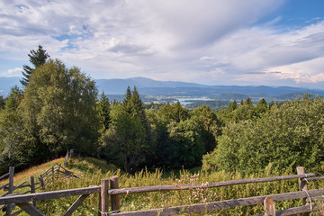 Overlooking the city of Villach and Lake Faaker in Austria, from the top of Baumgartnerhoehe in region Kaernten